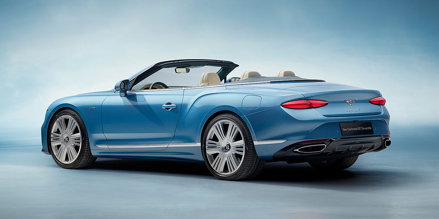 Bentley Hong Kong - Kam Lung New Bentley Continental GTC Azure convertible rear view in Light Windsor blue paint with 22 inch ten spoke wheels and chrome exterior details