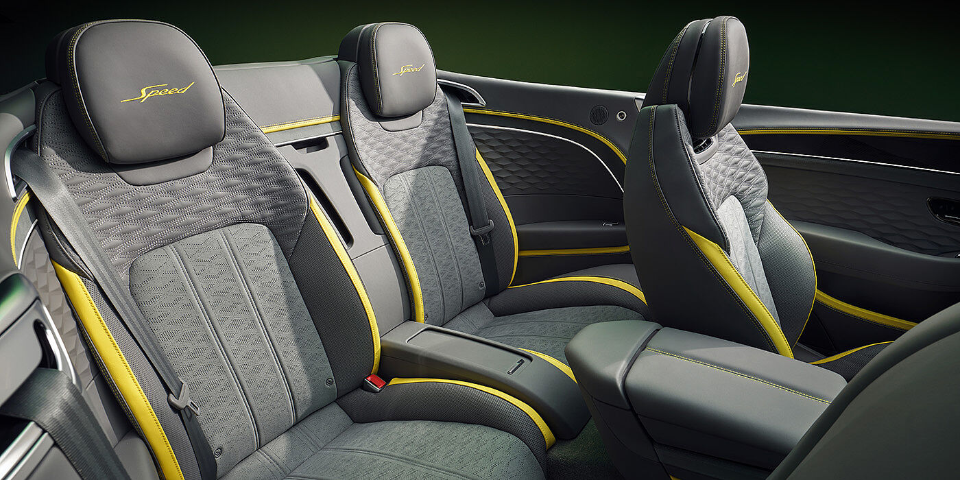 Bentley Hong Kong - Kam Lung Bentley New Continental GTC Speed convertible rear interior with unique Speed colour split in Gravity Grey and Cyber Yellow hide colours, and contrast stitched headrest emblems 