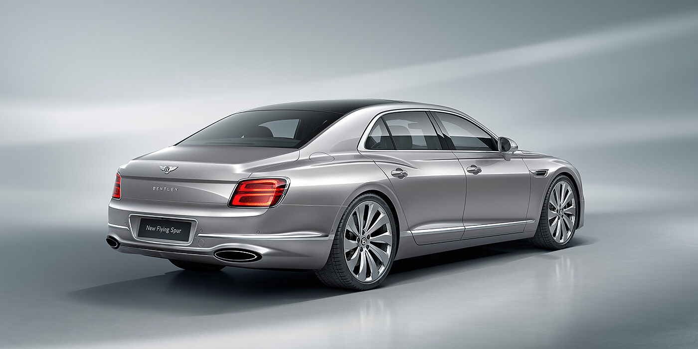 Bentley Hong Kong - Kam Lung New Bentley Flying Spur sedan rear view in Silverlake paint with ten spoke wheels and chrome matrix grille