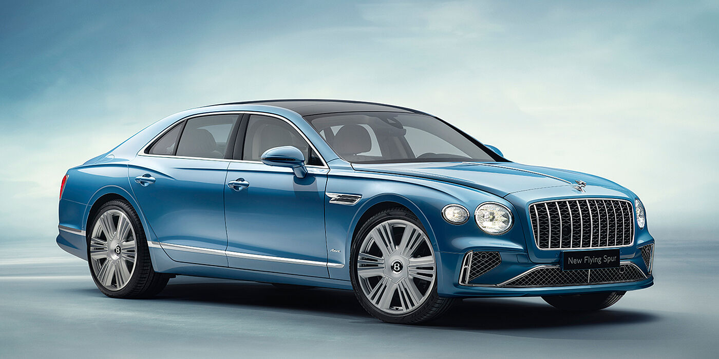 Bentley Hong Kong - Kam Lung New Bentley Flying Spur Azure sedan front view in Light windsor blue by Mulliner paint with 22 inch Azure wheels and chrome exterior details