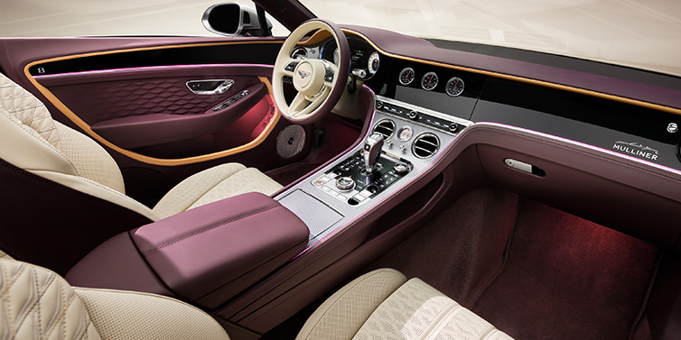 Bentley Hong Kong - Kam Lung Bentley Continental GTC Mulliner convertible front interior including Linen and Damson purple hides and Grand Black veneer