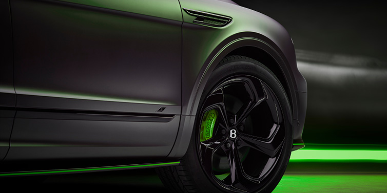 Bentley Hong Kong - Kam Lung Bentley Bentayga S Black Edition SUV exterior wheel detail with Cyber Green brakes with Anthracite Satin paint
