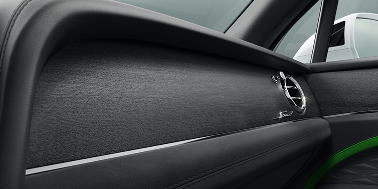 Bentley Hong Kong - Kam Lung Bentley Bentayga Speed SUV front dash close up in Hyper Green and Beluga black hides, with Black Stained Crown Cut Walnut veneer
