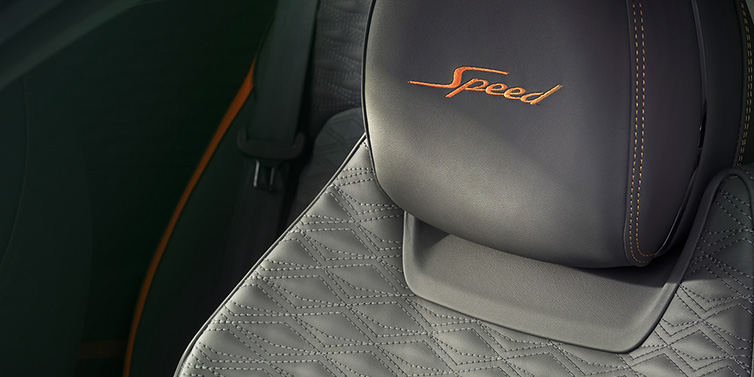 Bentley Hong Kong - Kam Lung Bentley Continental GT Speed coupe seat detail in Gravity Grey hide and Speed emblem in Mandarin by Mulliner coloured embroidery