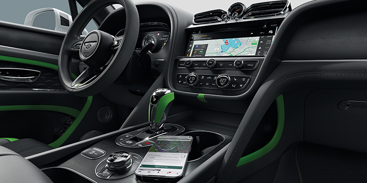 Bentley Hong Kong - Kam Lung Bentley Bentayga Speed SUV front cabin in Hyper Green and Beluga black hides, with Black Stained Crown Cut Walnut veneer